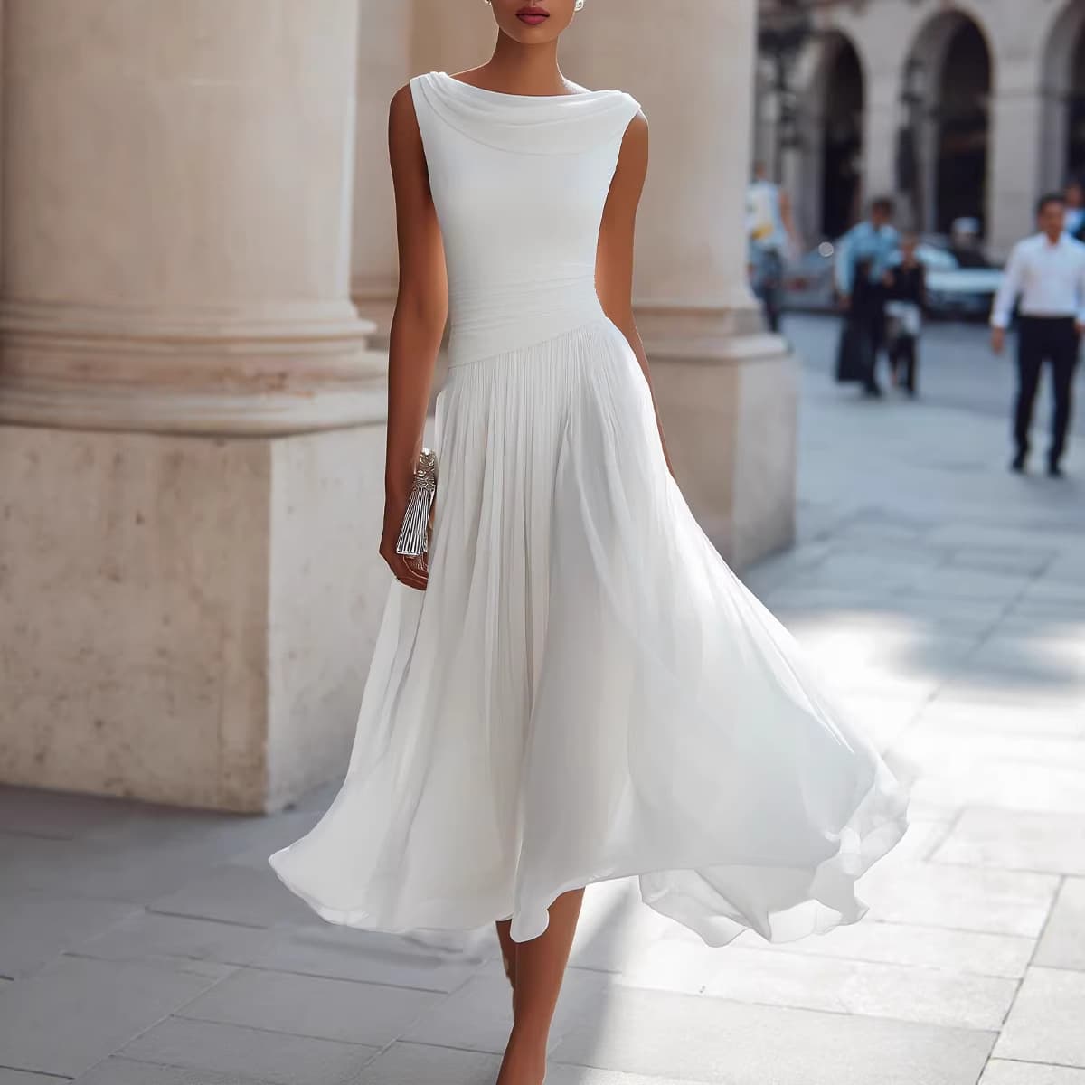 Vestido elegante e exclusivo de festa em chiffon com decote canoa para mulheres. 4
