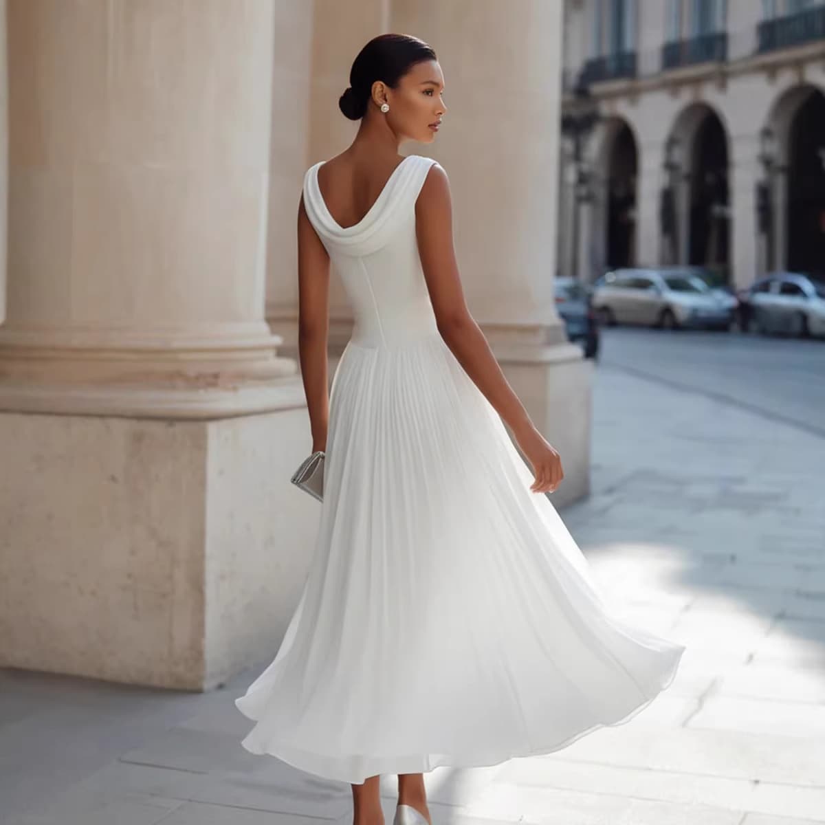 Vestido elegante e exclusivo de festa em chiffon com decote canoa para mulheres. 10