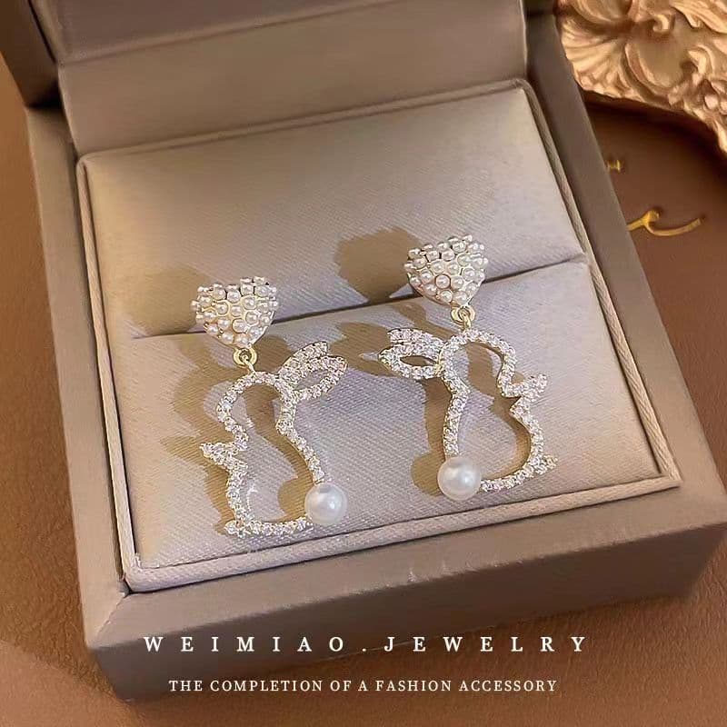 Brincos de coelho com pérolas para mulheres, brincos de alfinete prateados. 12
