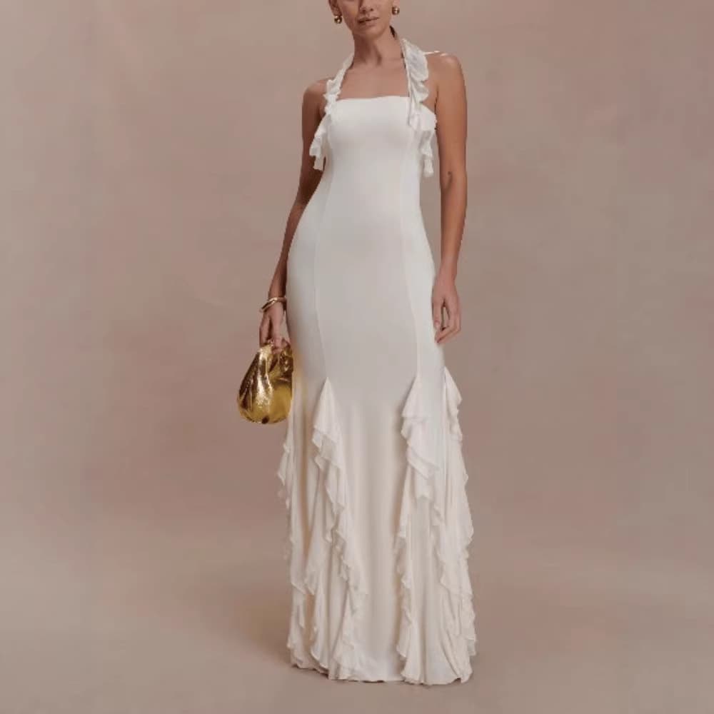 Vestido de festa sexy, moderno, liso, com decote halter, babados e costas abertas para mulheres.