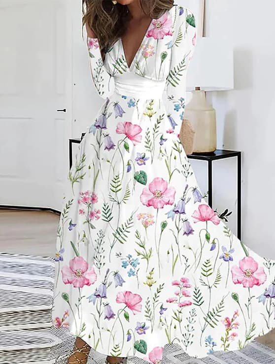 Vestido feminino estampado de manga comprida com decote em V para o outono. 7