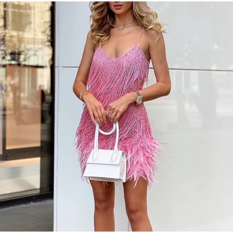 Vestido Curto De VerãO Sexy Com Franjas, Lantejoulas E Penas, Decote Em V, AlçAs Finas E Costuras. Vestido Elegante Para Festas E Baladas.