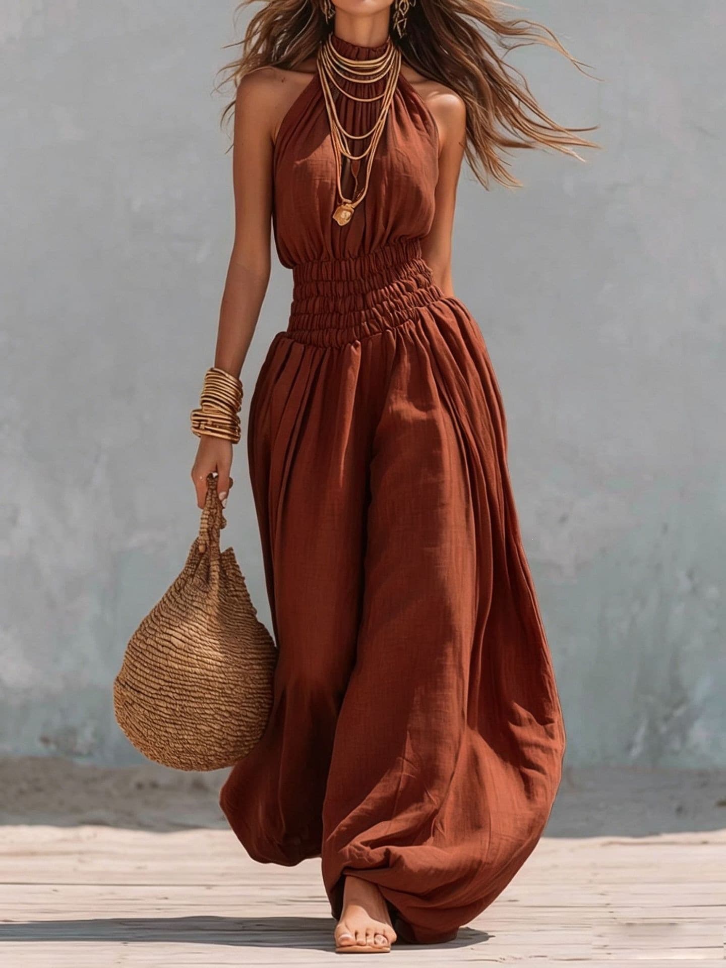 Macacão Elegante Sem Mangas Com Decote Halter Para Mulheres 9