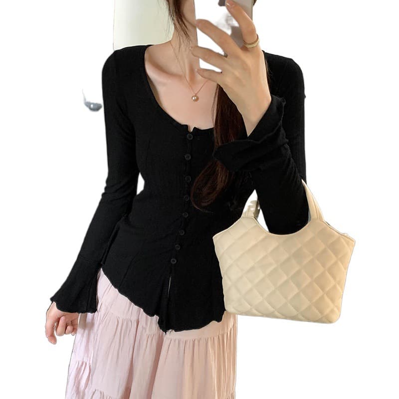 Cardigã feminino retrô com mangas trombeta