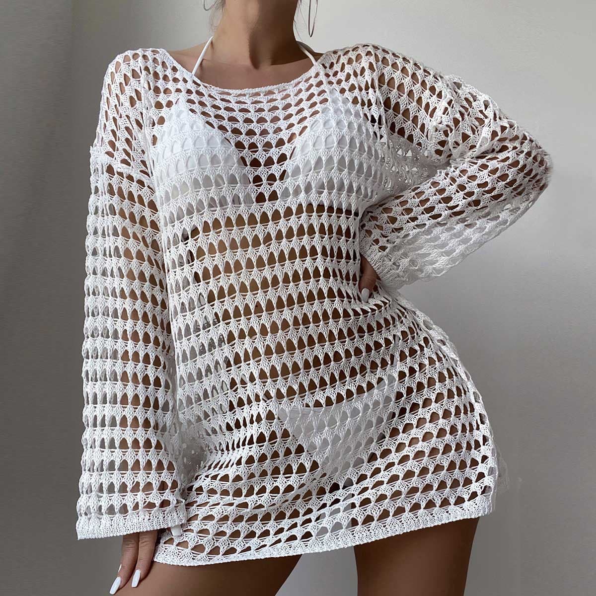 Vestido De Praia Feminino Sexy Em Tricô Com Decote Redondo Vazado.
