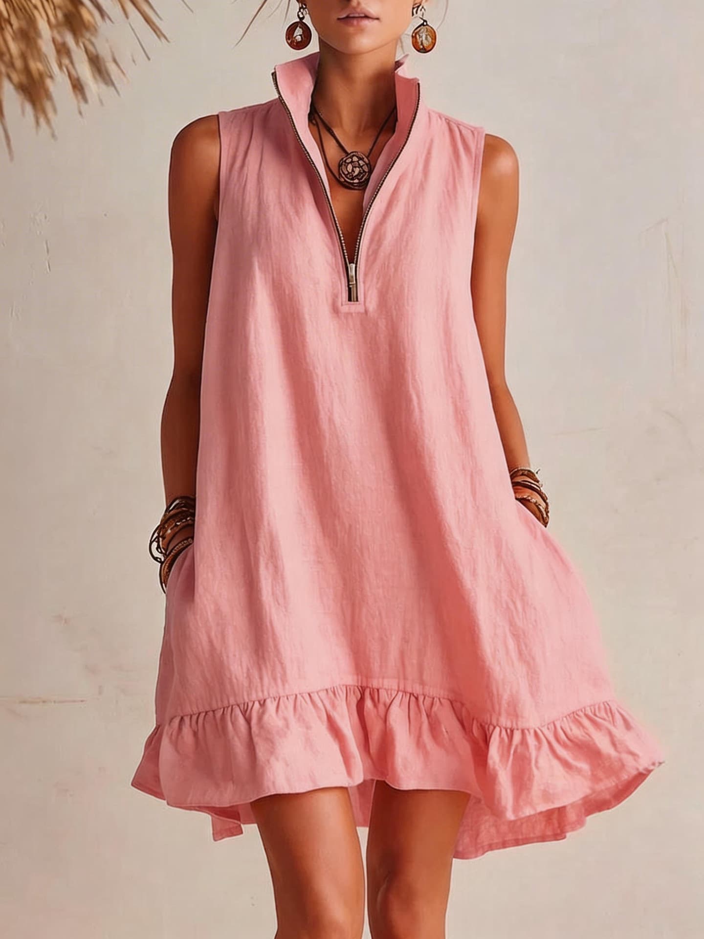 Novo Vestido Casual Elegante, Solto, Com Meio ZíPer E Sem Mangas, Com Barra Franzida.