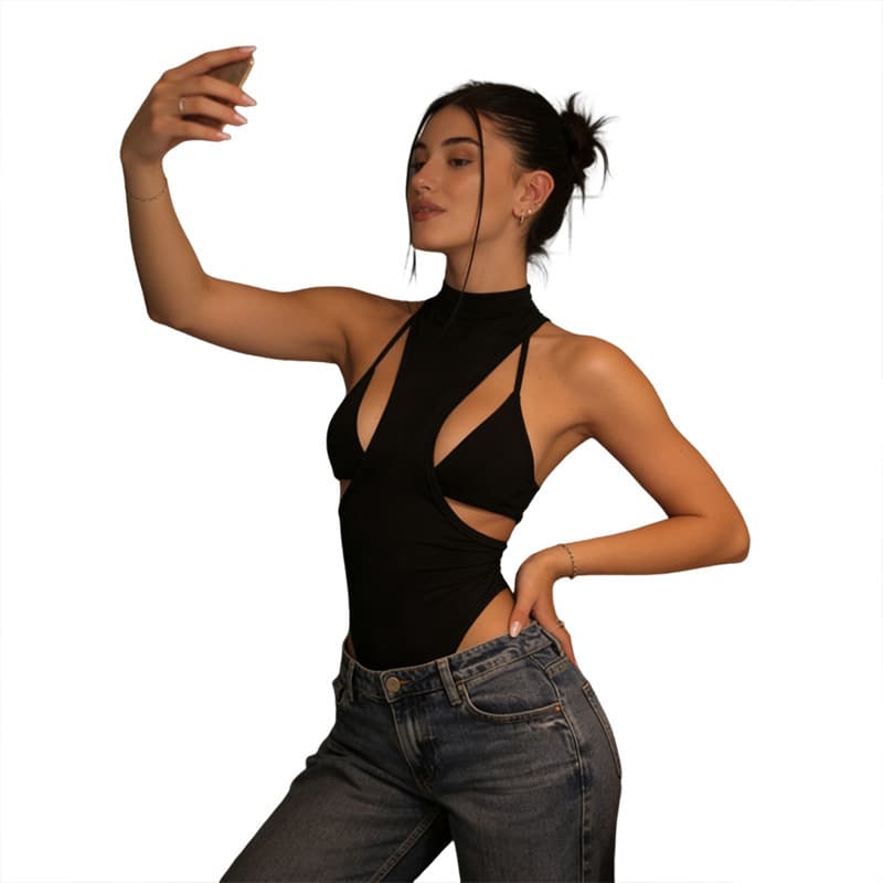 Body assimétrico sexy de gola alta em cor sólida para mulheres 2