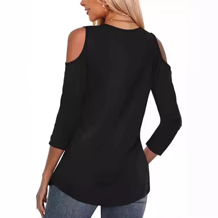 Blusa feminina de manga comprida com decote ombro a ombro, cor sólida, gola V, estilo casual formal para o verão. 10
