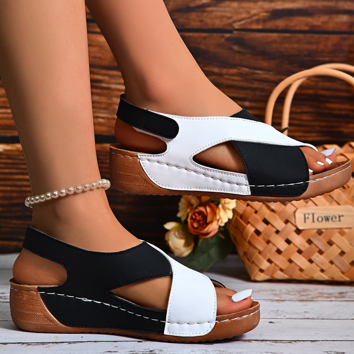 SandáLias Anabela Colorblock Com Tiras Cruzadas, Estilo Boca De Peixe, Moda VerãO, Modelo Romano Para Mulheres