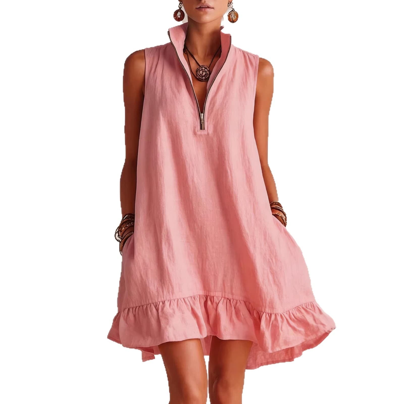 Novo Vestido Casual Elegante, Solto, Com Meio ZíPer E Sem Mangas, Com Barra Franzida.