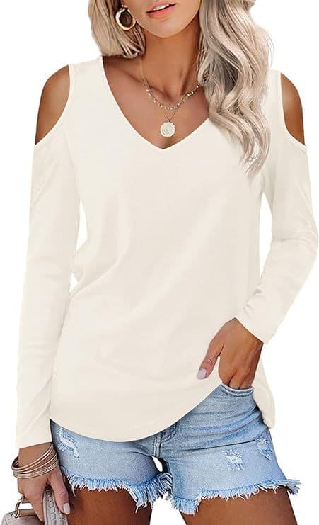 Blusa feminina de manga comprida com decote ombro a ombro, cor sólida, gola V, estilo casual formal para o verão. 4