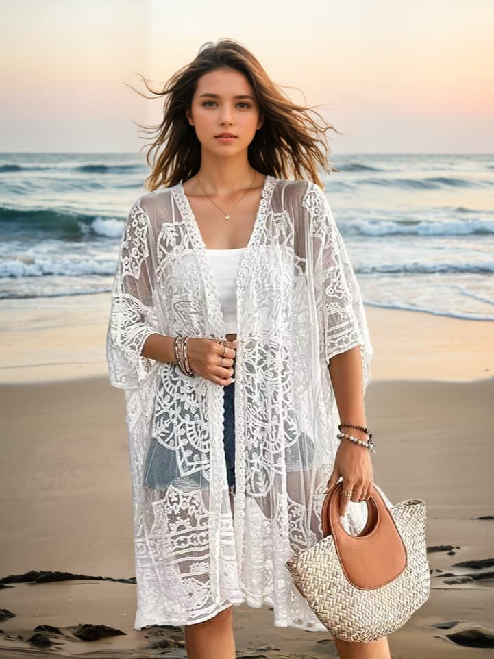 Cardigã Feminino Sexy, Transparente, Com Renda Bordada E SolúVel Em áGua.