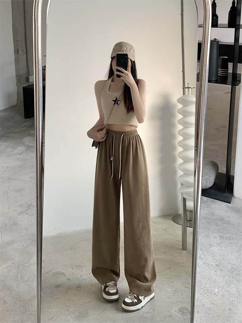 Calça De Veludo Cotelê Com Cordão Duplo, Pernas Largas, Mode 4