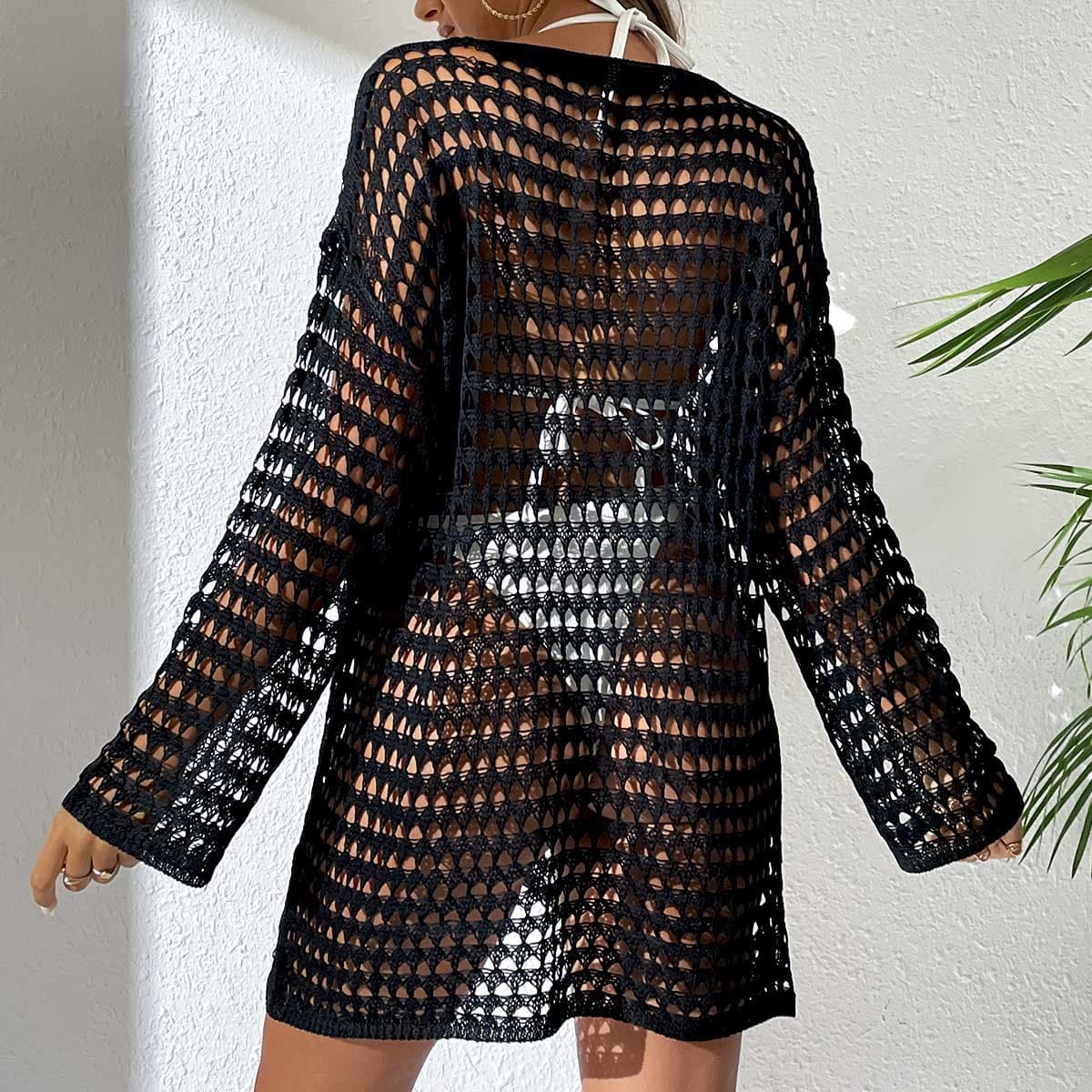 Vestido De Praia Feminino Sexy Em Tricô Com Decote Redondo Vazado.