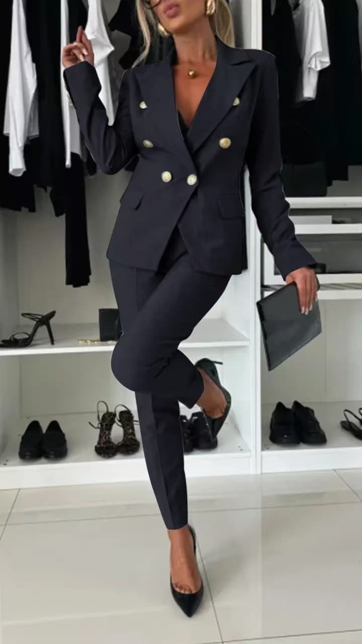 Conjunto Casual Feminino Com Blazer, Paletó De Lapela Fina E Abotoamento Duplo, CalçA Com ZíPer.