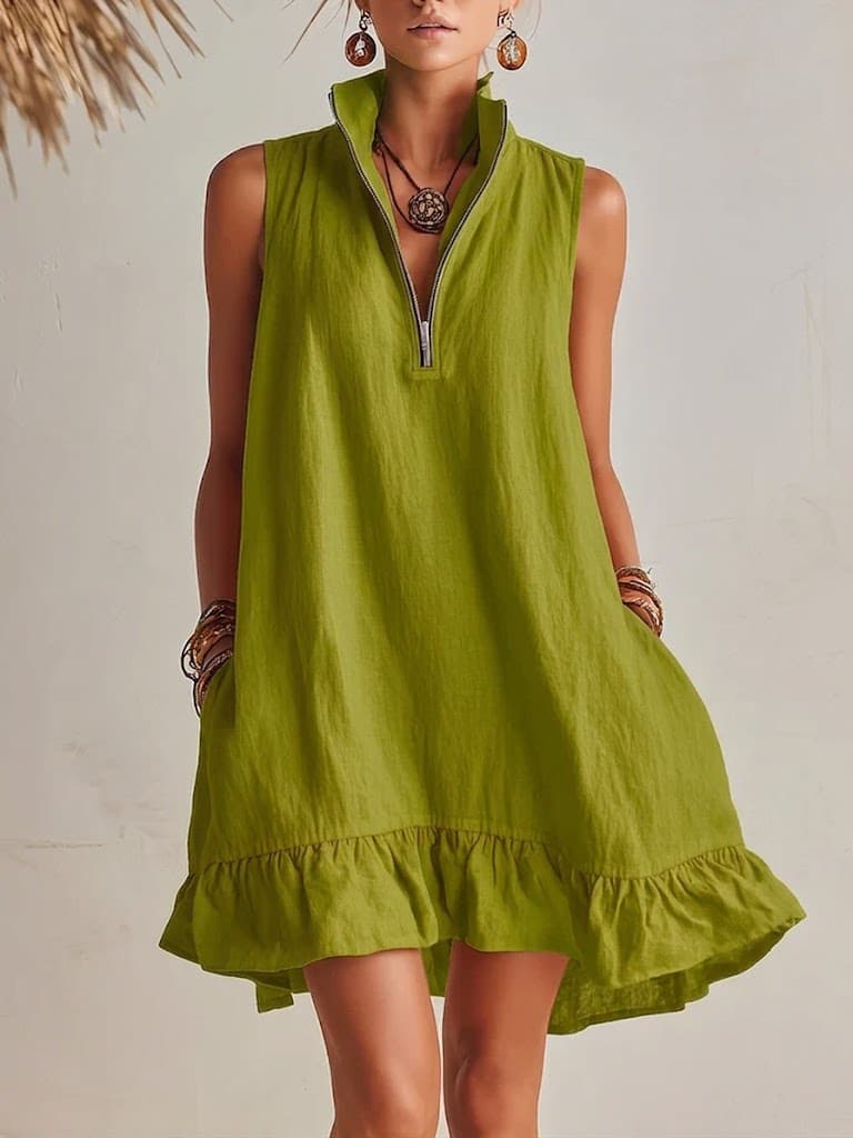 Novo Vestido Casual Elegante, Solto, Com Meio ZíPer E Sem Mangas, Com Barra Franzida.