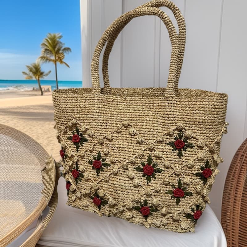 Bolsa De MãO Feminina Em RáFia Com Flor Rosa 3D