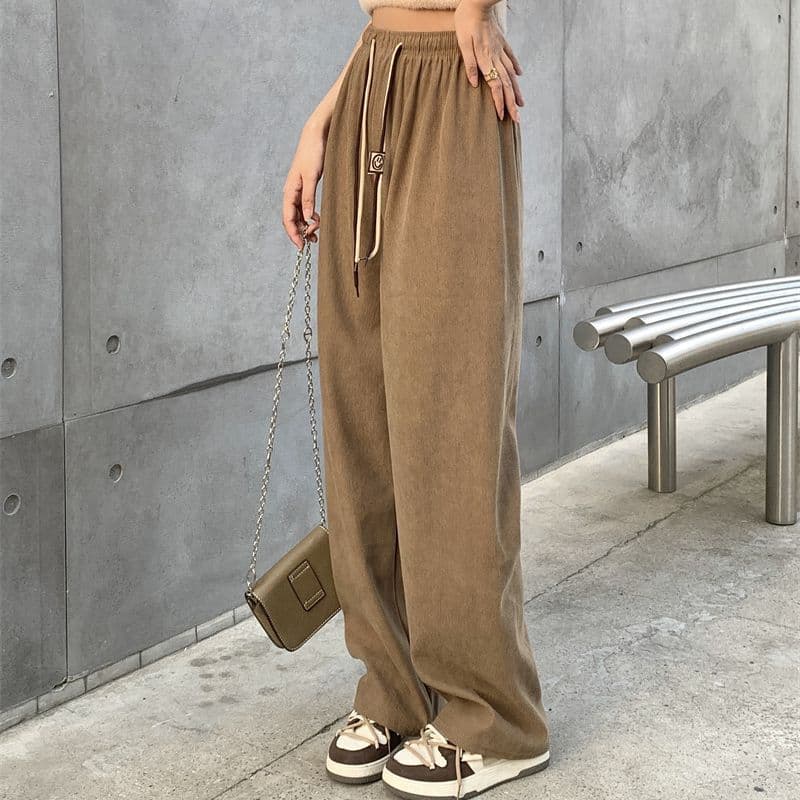 Calça De Veludo Cotelê Com Cordão Duplo, Pernas Largas, Mode 2