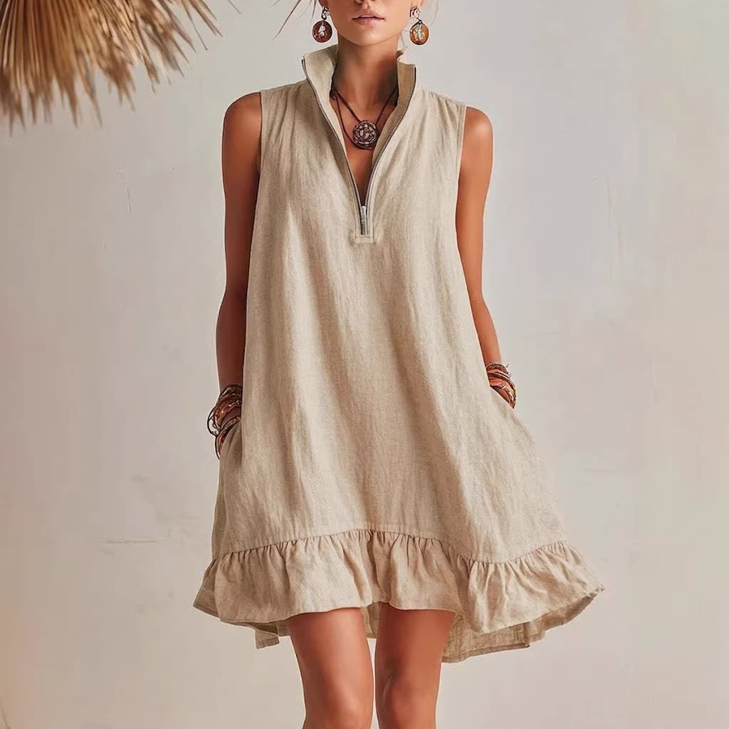 Novo Vestido Casual Elegante, Solto, Com Meio ZíPer E Sem Mangas, Com Barra Franzida.