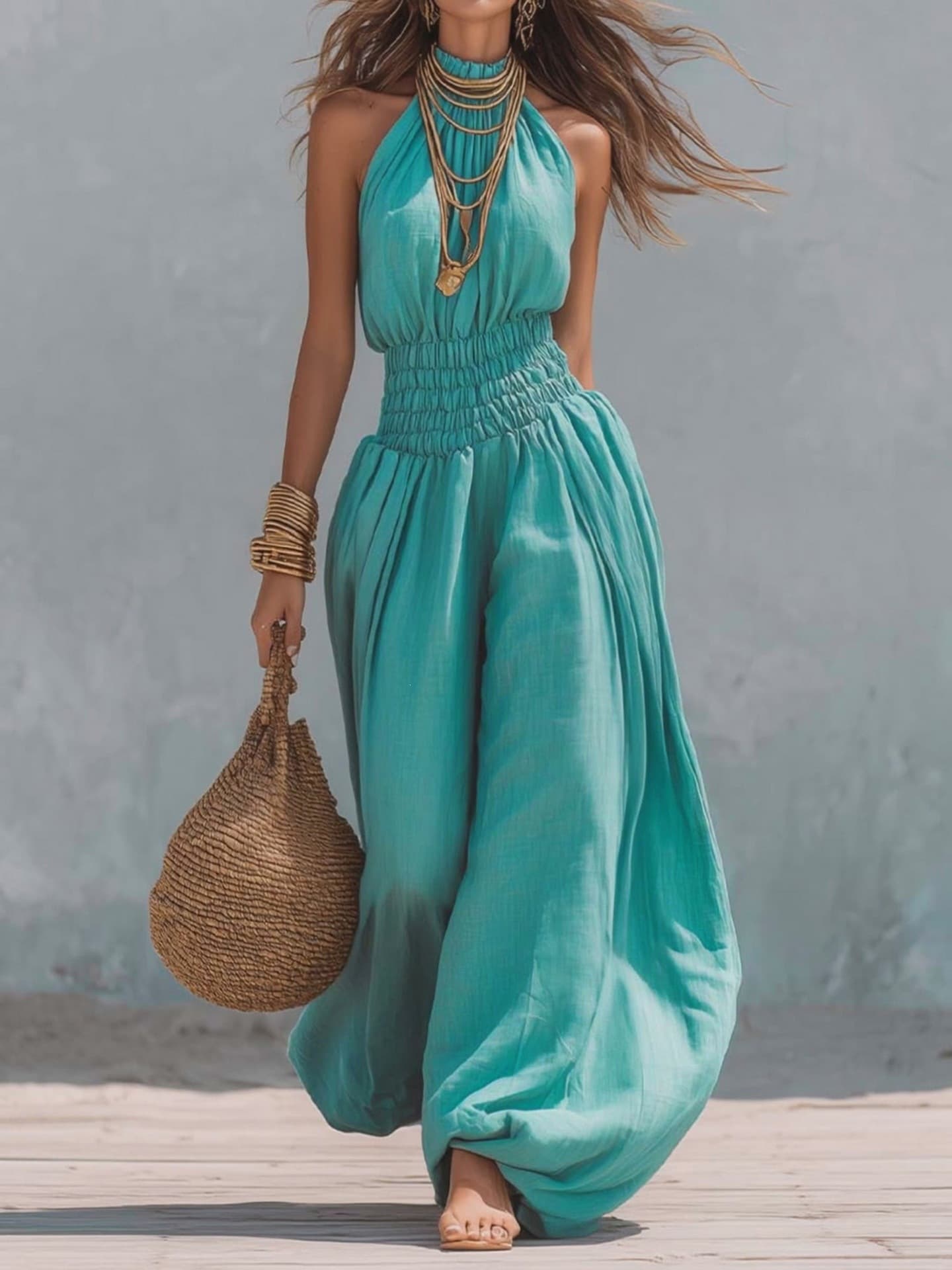 Macacão Elegante Sem Mangas Com Decote Halter Para Mulheres 8