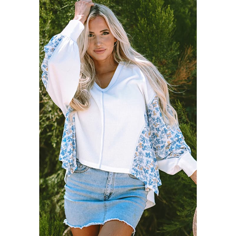 Blusa feminina de manga comprida com decote em V e estampa,  7