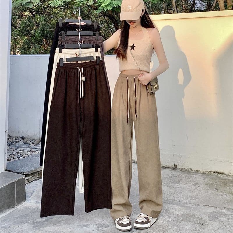 Calça De Veludo Cotelê Com Cordão Duplo, Pernas Largas, Mode 8