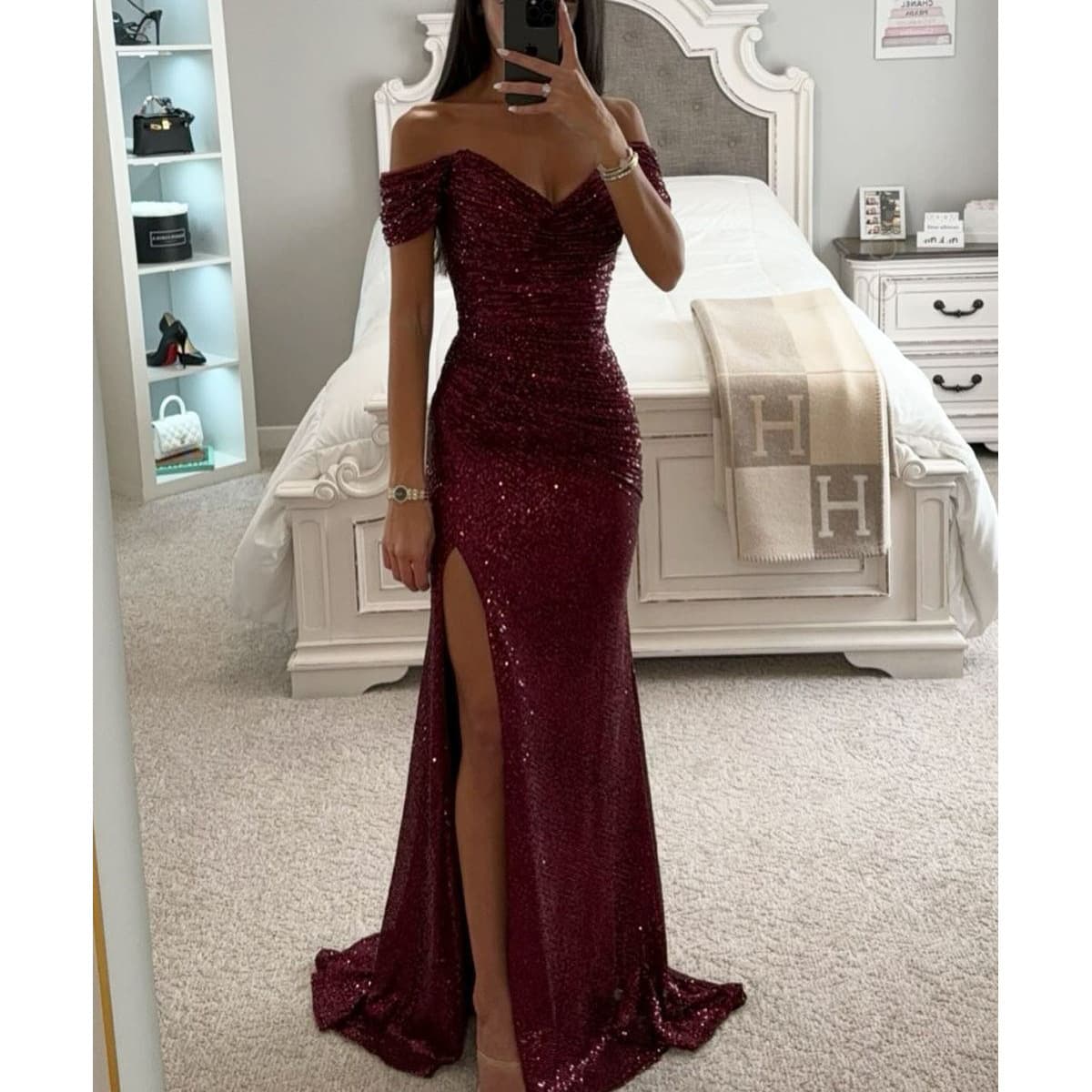 Vestido de festa com lantejoulas, decote ombro a ombro e fenda, modelo casual e elegante 8