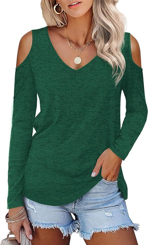 Blusa feminina de manga comprida com decote ombro a ombro, cor sólida, gola V, estilo casual formal para o verão.