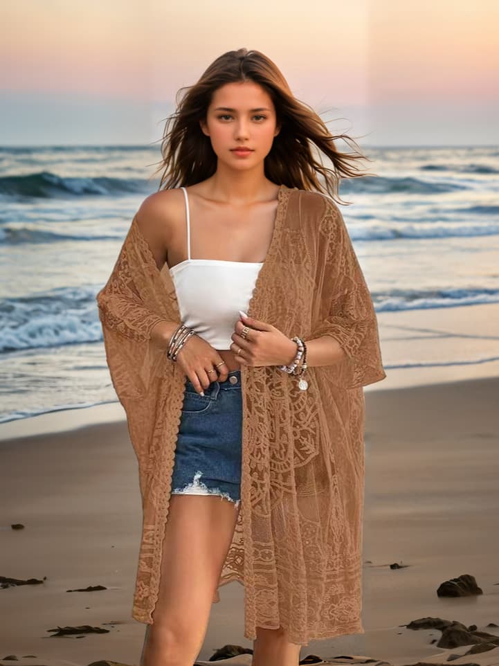 Cardigã Feminino Sexy, Transparente, Com Renda Bordada E SolúVel Em áGua.