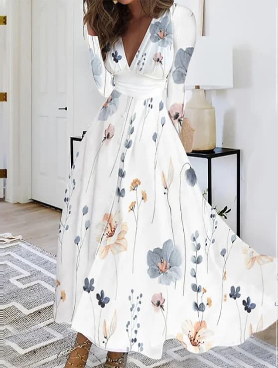 Vestido feminino estampado de manga comprida com decote em V para o outono. 4