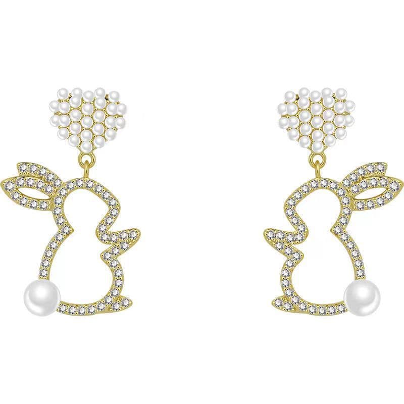 Brincos de coelho com pérolas para mulheres, brincos de alfinete prateados. 4