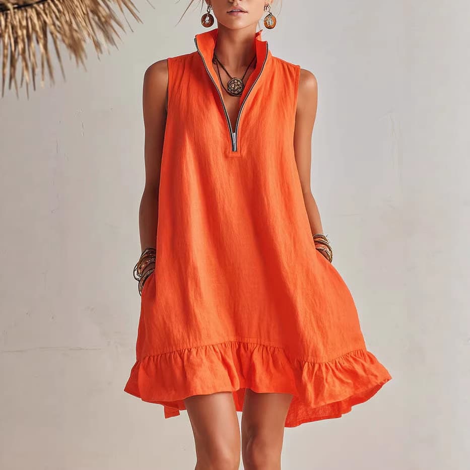 Novo Vestido Casual Elegante, Solto, Com Meio ZíPer E Sem Mangas, Com Barra Franzida.