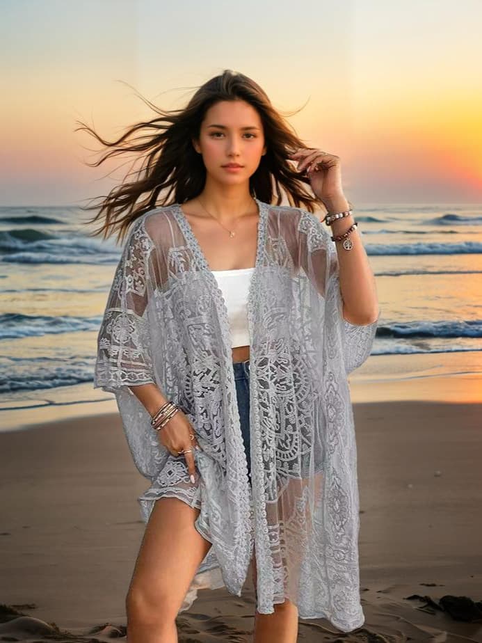 Cardigã Feminino Sexy, Transparente, Com Renda Bordada E SolúVel Em áGua.