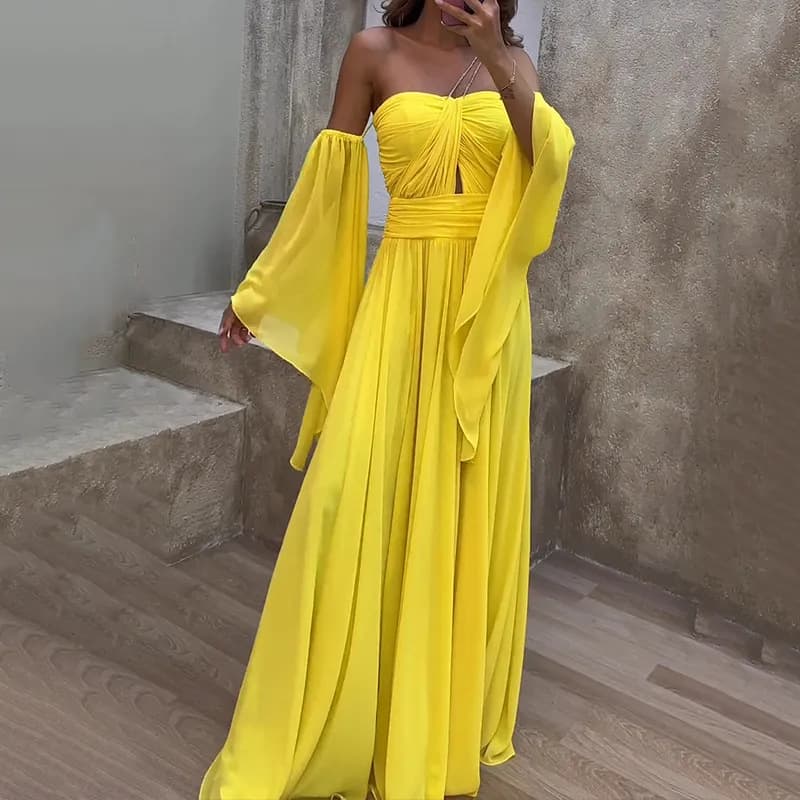 Vestido longo feminino com decote tomara que caia e mangas compridas 3