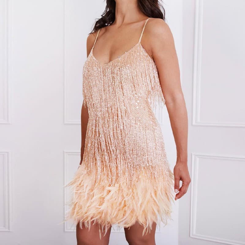 Vestido Curto De VerãO Sexy Com Franjas, Lantejoulas E Penas, Decote Em V, AlçAs Finas E Costuras. Vestido Elegante Para Festas E Baladas.