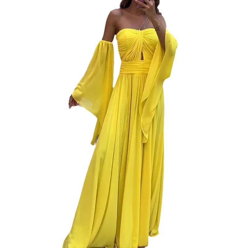 Vestido longo feminino com decote tomara que caia e mangas compridas 2