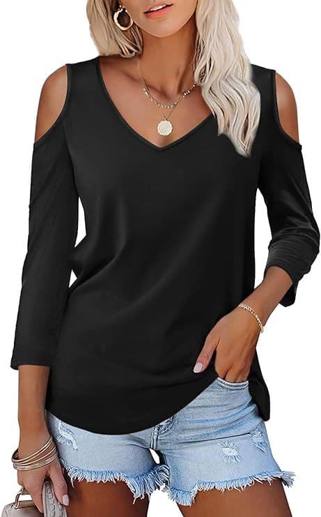 Blusa feminina de manga comprida com decote ombro a ombro, cor sólida, gola V, estilo casual formal para o verão. 8