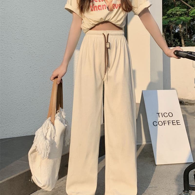 Calça De Veludo Cotelê Com Cordão Duplo, Pernas Largas, Mode