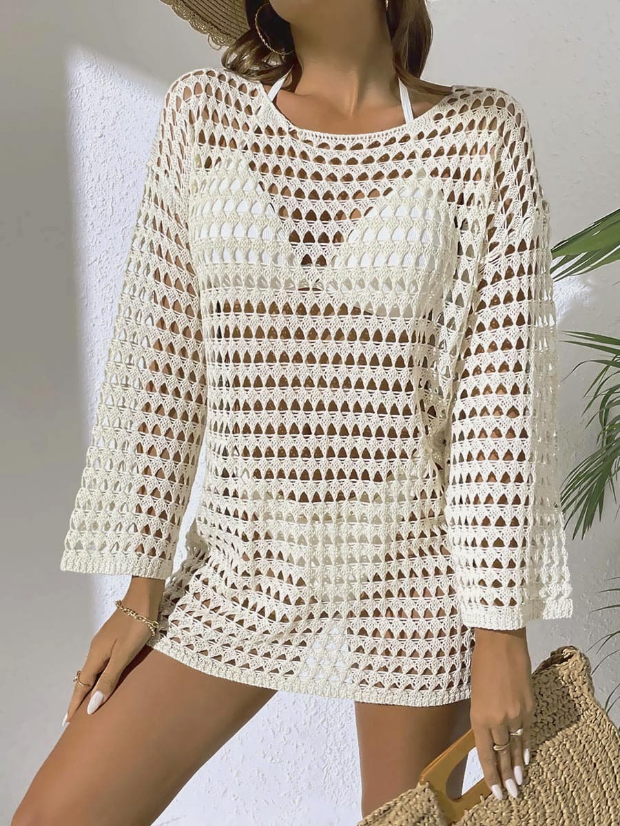 Vestido De Praia Feminino Sexy Em Tricô Com Decote Redondo Vazado.