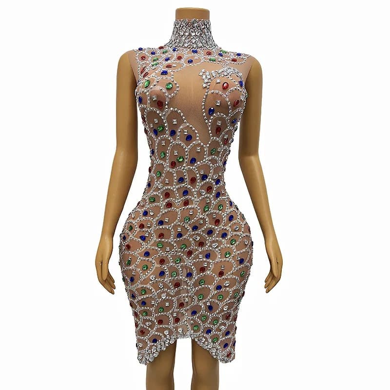 Vestido de festa feminino longo com renda colorida e cristais, mangas compridas e detalhes sensuais. 4