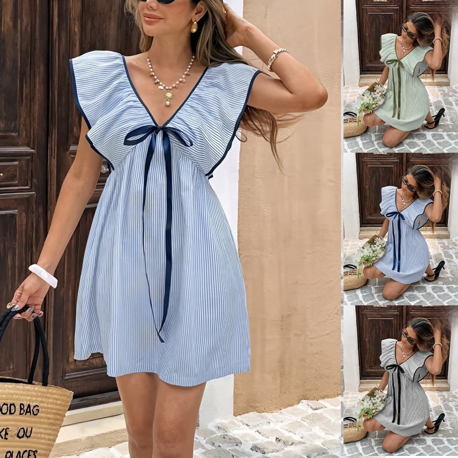 Novo Vestido Com Decote Em V E Mangas EsvoaçAntes Com Babados