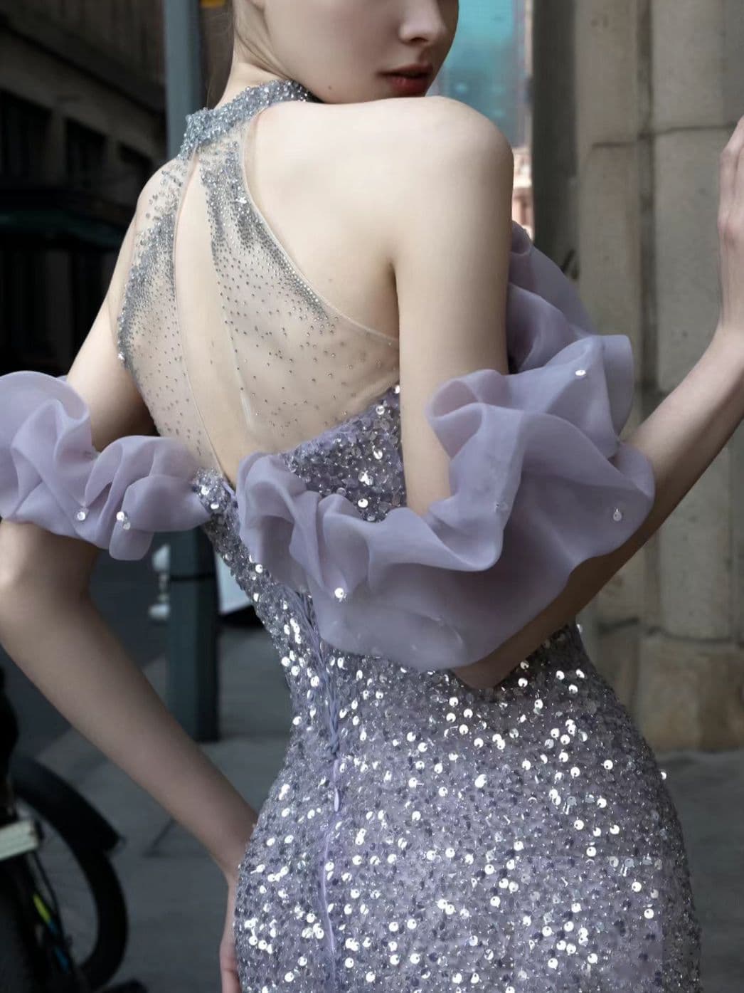 Vestido Purple Host Starry Sky Annual Meeting Beaded Toast, modelo frente única, cauda de sereia 3