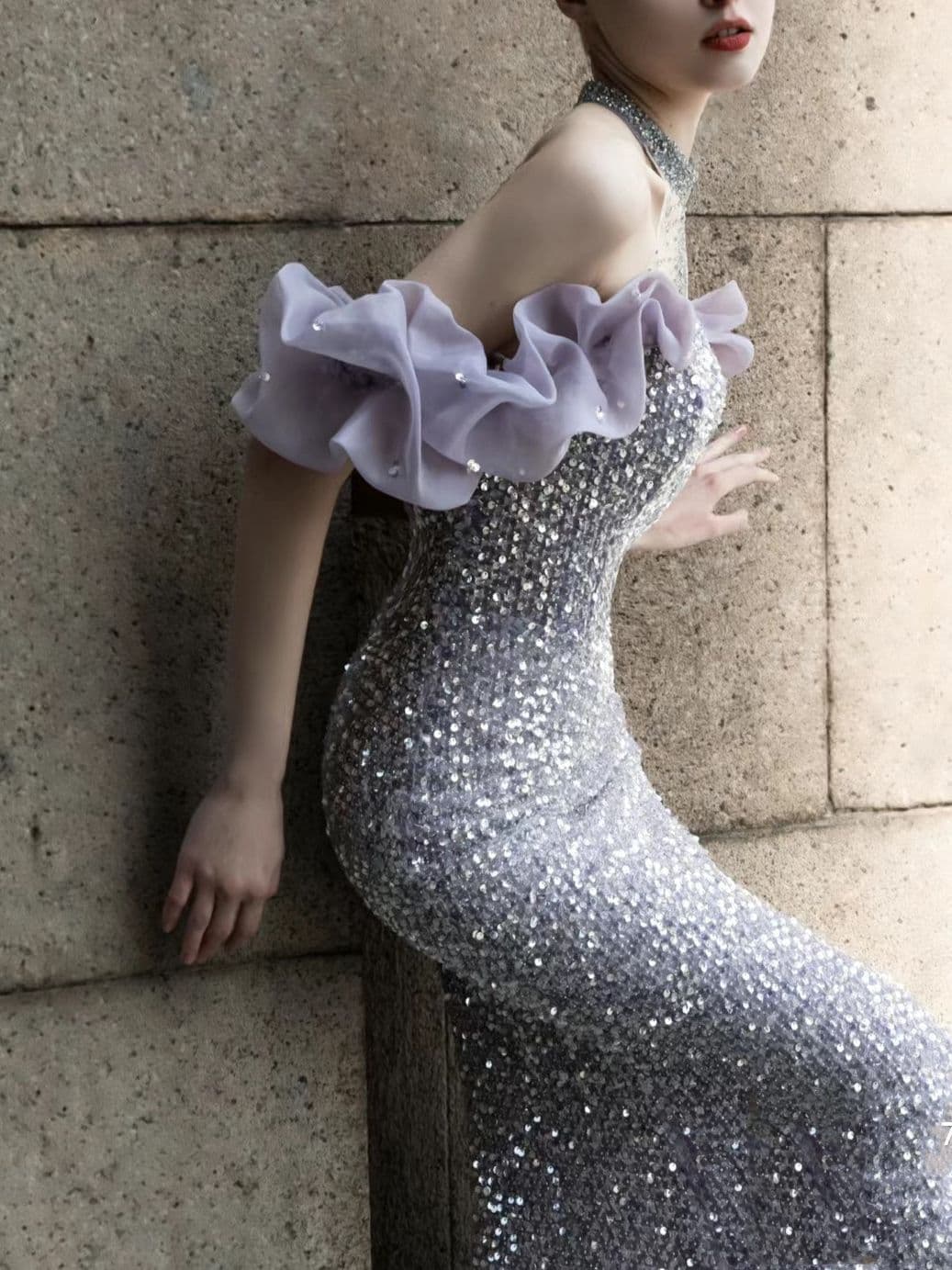 Vestido Purple Host Starry Sky Annual Meeting Beaded Toast, modelo frente única, cauda de sereia 4
