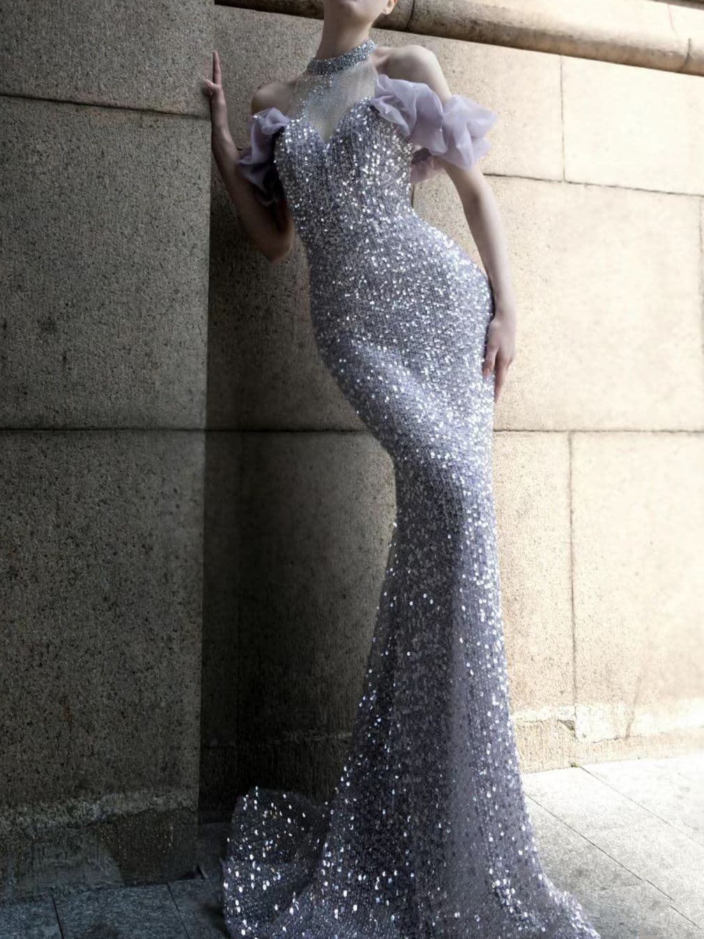 Vestido Purple Host Starry Sky Annual Meeting Beaded Toast, modelo frente única, cauda de sereia 7