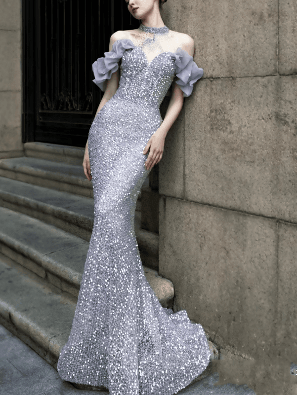 Vestido Purple Host Starry Sky Annual Meeting Beaded Toast, modelo frente única, cauda de sereia 2