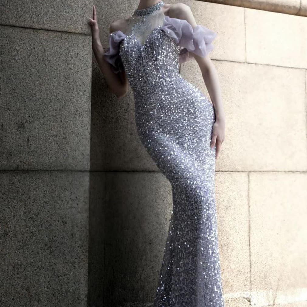 Vestido Purple Host Starry Sky Annual Meeting Beaded Toast, modelo frente única, cauda de sereia 5