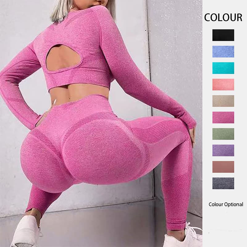 2pcs Sports Suits Longo Sleeve Hollow Design Tops And Butt Lifting High Waist Seamless Fitness Leggings Sports Gym Sportswear Outfits Clothing