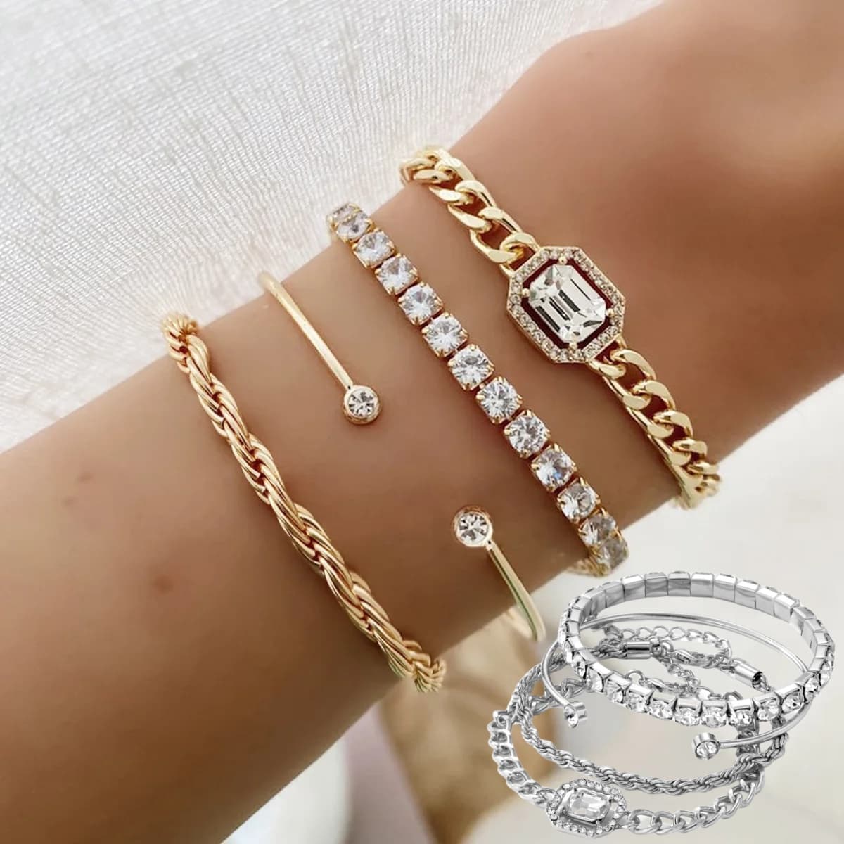 Moda Joias 4 Pcs Crystal Pulseira Conjunto Bohemian Design For Feminino Vintage Luxury Twisted Cuff Chains Armband Joias Accessories