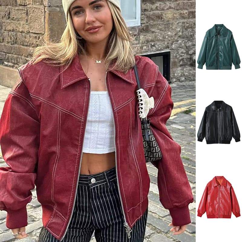 Solto Moda Lapel Zip-Up Jaqueta Cool Longo Sleeve Zipper Closure Moto Biker Leather Jaqueta Feminino Clothing