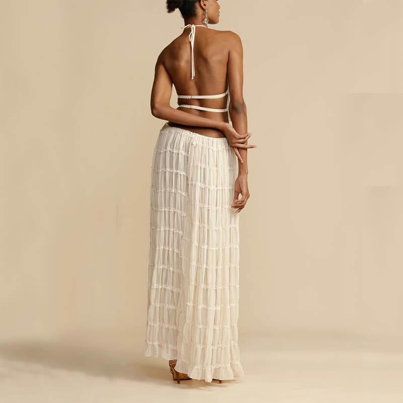Conjunto feminino de 2 peças: top cropped sem mangas com decote nas costas e saia longa plissada para praia. 9